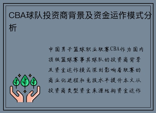 CBA球队投资商背景及资金运作模式分析