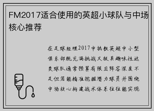 FM2017适合使用的英超小球队与中场核心推荐