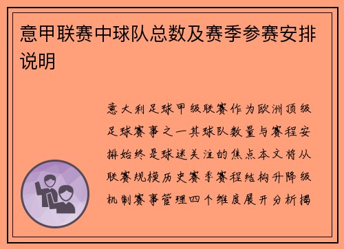 意甲联赛中球队总数及赛季参赛安排说明